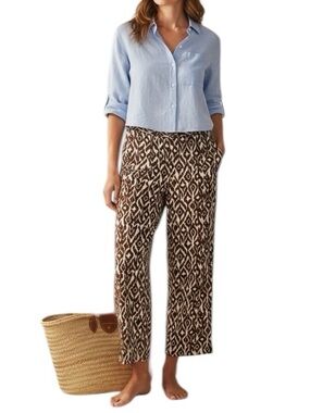 INC 100% linen pants wide leg brown and white w/ rhinestone embellished details